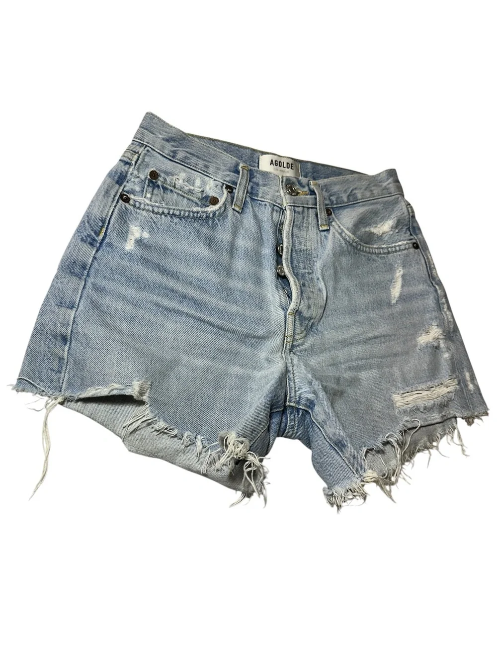 New AGOLDE Parker Long Distressed Denim Shorts Light Wash 100% Cotton